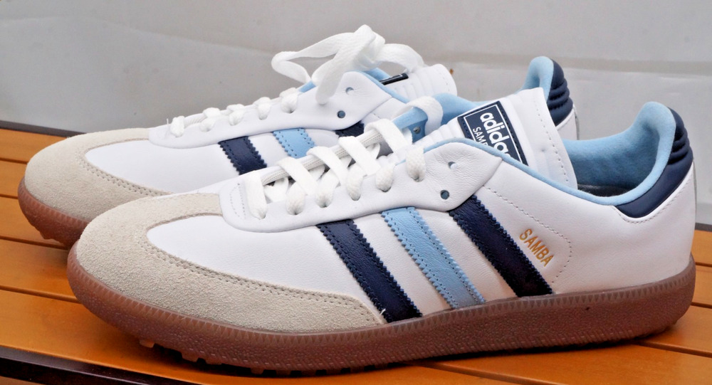 Adidas Samba Spikeless Golf (Size 9.5) "White/Indigo/Sky Blue" Men's Golf Shoes